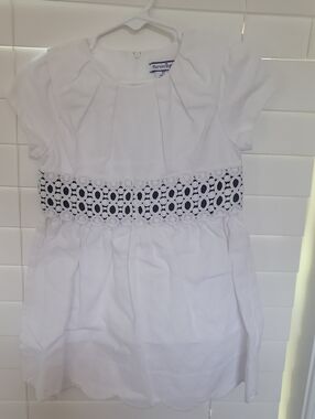 Hartstrings White Girls' Dress with Crochet Waistband and Short Sleeves Box 005